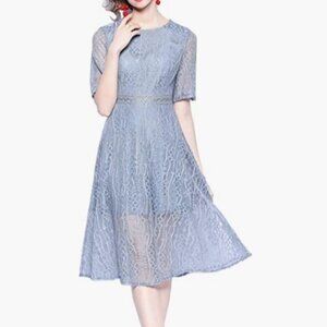 Knee Length Dress Blue Lace Vintage O Neck Short Sleeve XXL, Size 14
